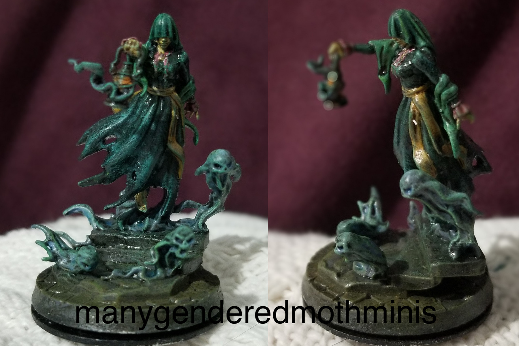 A ghostly woman in a dark green dress, holding a lantern and surrounded by spirits.