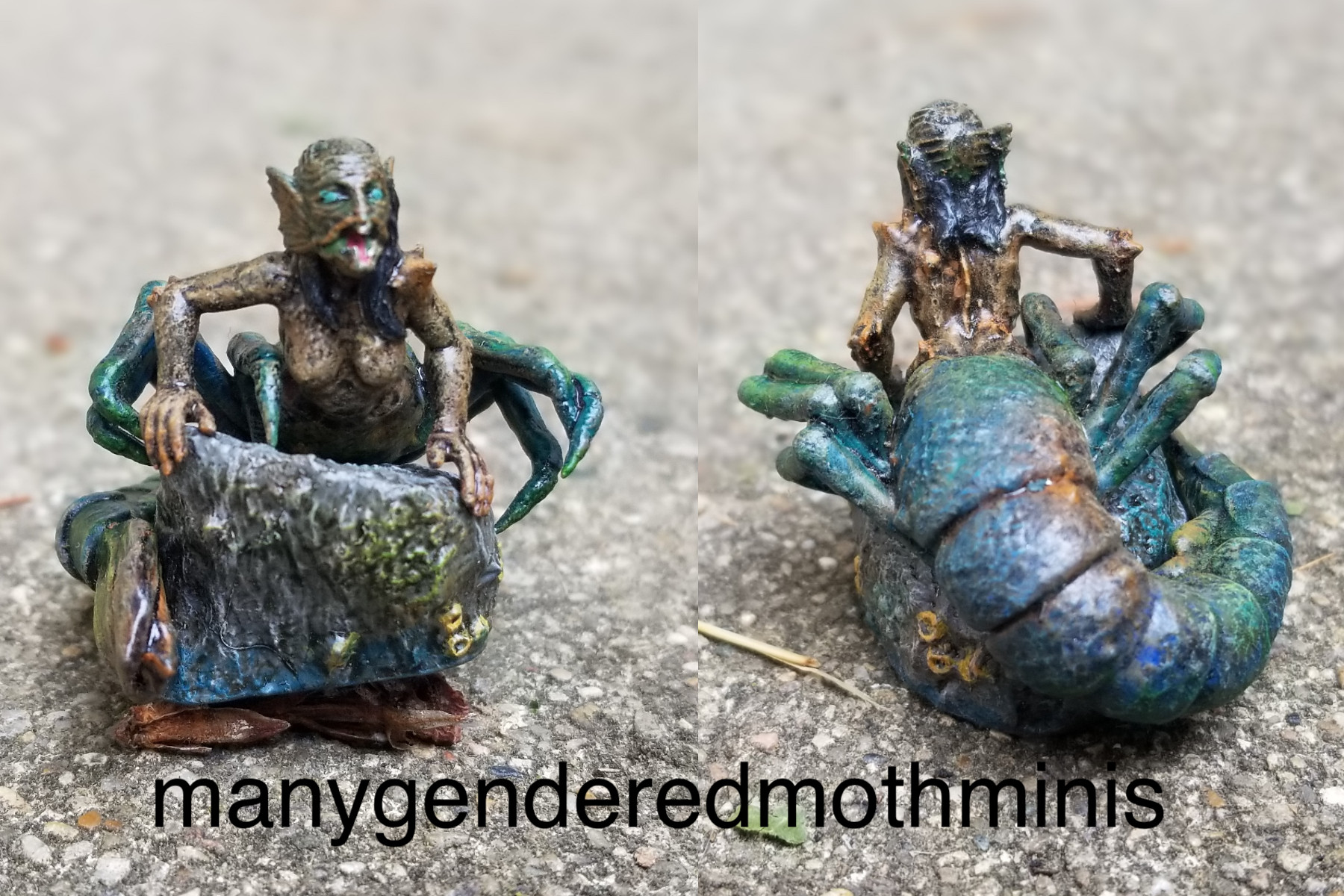 A lobster mermaid crawling over a rock.
