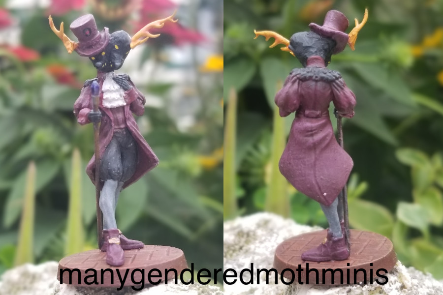 A two-faced deer in a dapper purple Victorian suit.